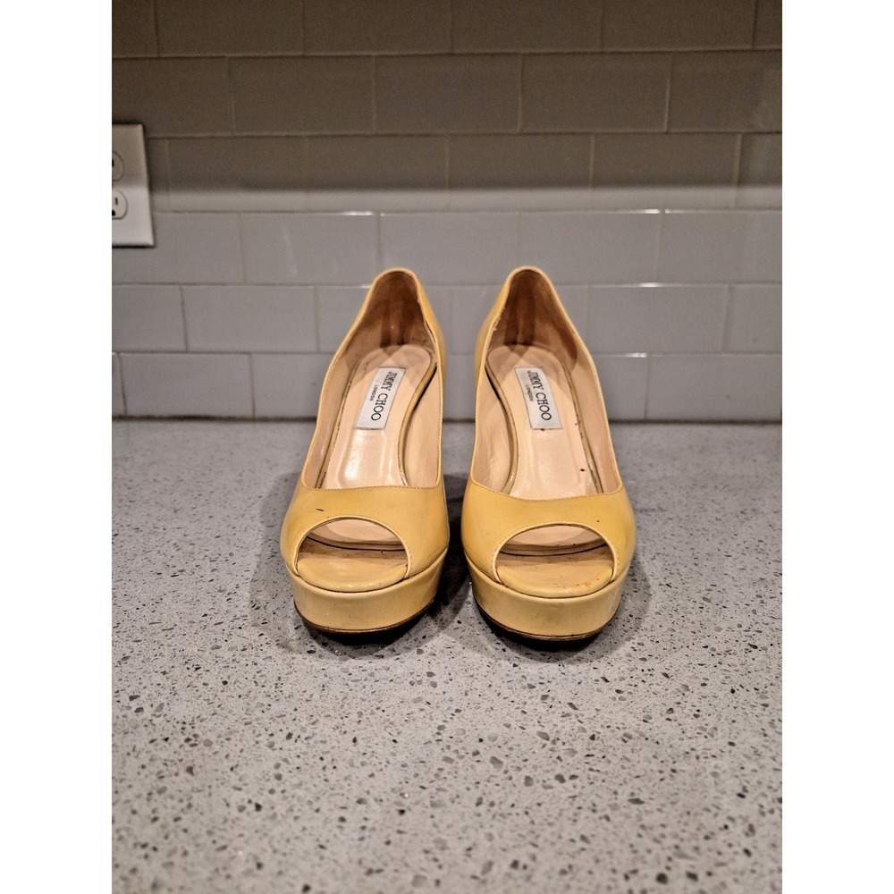 Jimmy Choo London - Crown Patent Leather Open Toe Pumps Color Nude Tan Size 7.5